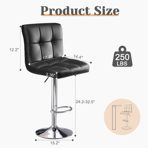 Bar Stools Set of 2, Counter Height Barstools,Square Seat Cushion Barstool with Back, Height Adjustable PU Leather Swivel Barstool