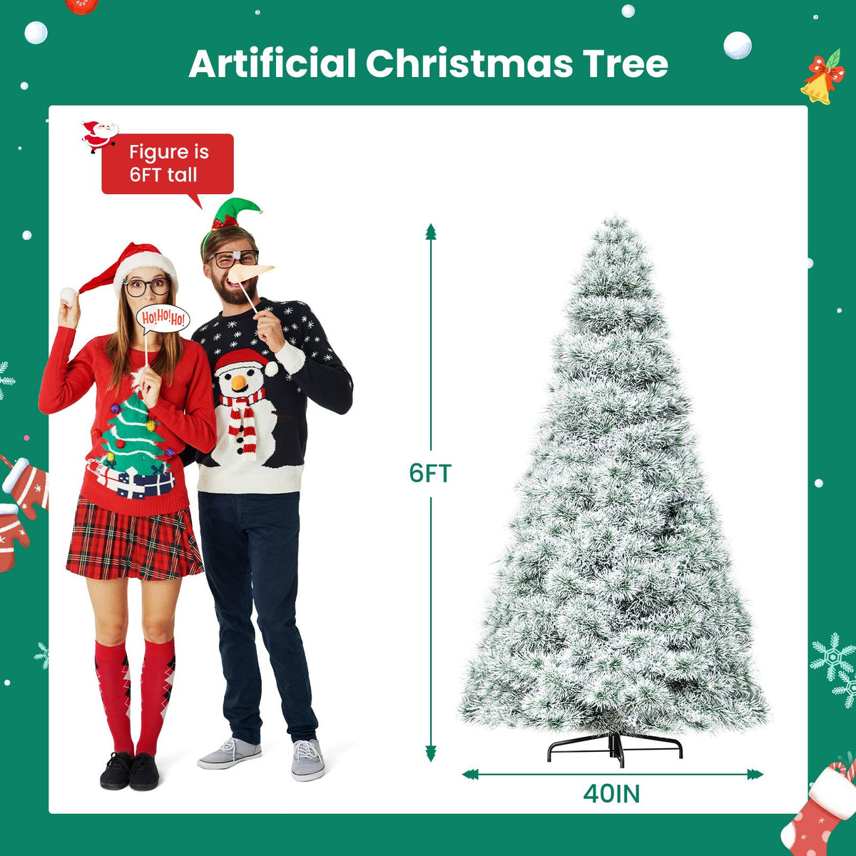 Pre-lit Artificial Christmas Tree, Prelighted Green Artificial Hinged Spruce Xmas Tree with 347 Branch Tips, 120 Incandescent Lights