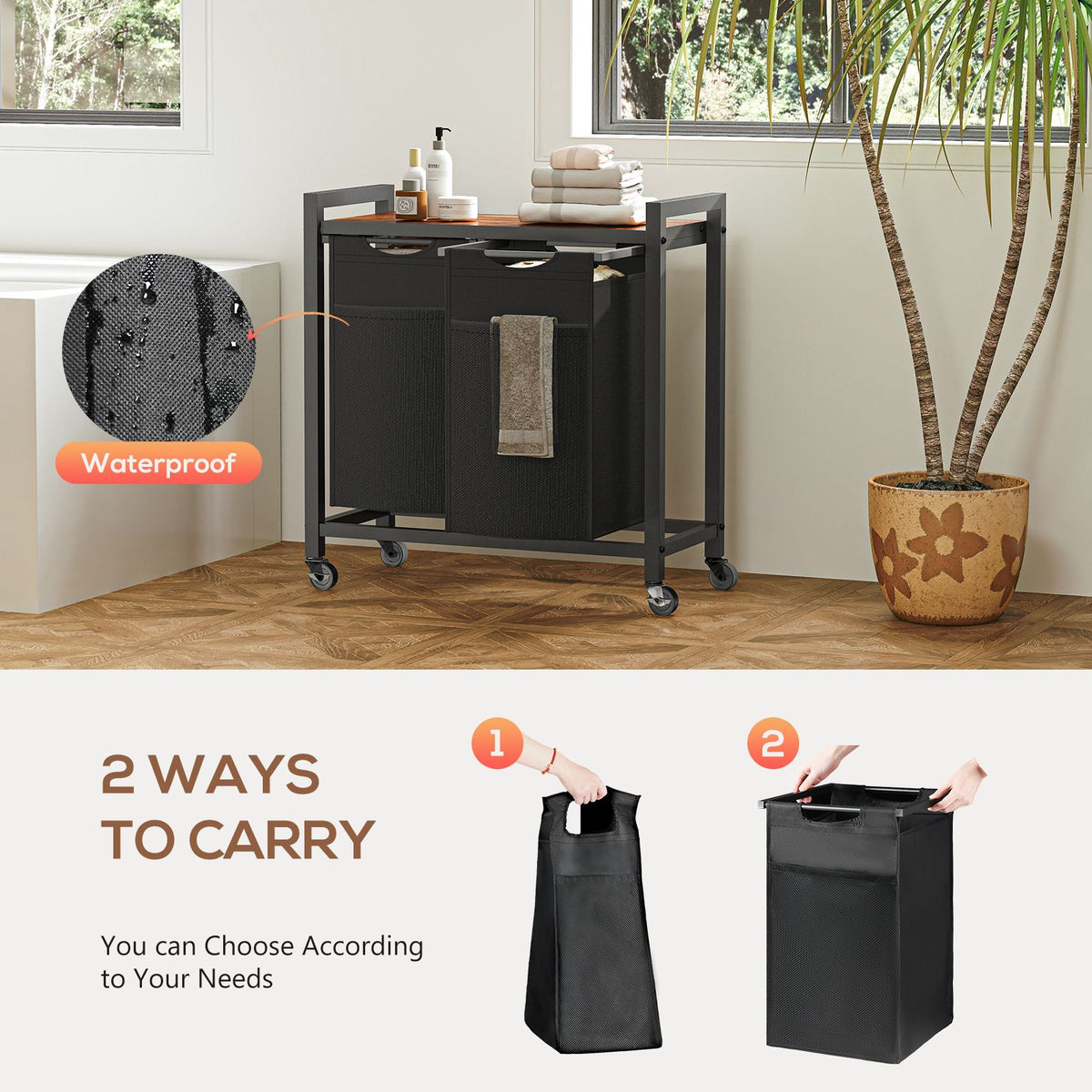 Laundry Hamper with 3 Pull-Out Removable Laundry Bags Clothing Sorter with Shelf and Wheels(Adjustable feet)3 x 8.6 Gallons (32.5 Liters)