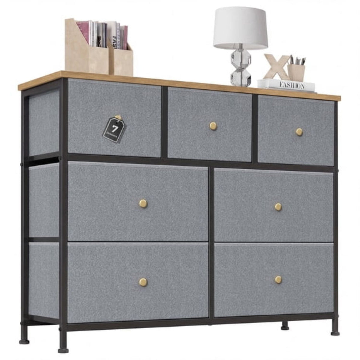 7-Drawer Fabric Dresser with Solid Wood Top, Tall Storage Chest for Bedroom, Living Room, Or Entryway, Ideal As a Tower Cabinet, Hallway Organize