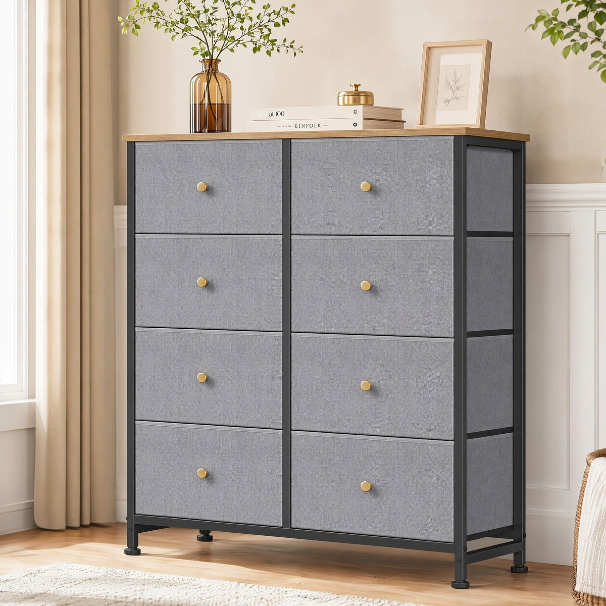 8-Drawer Fabric Dresser with Solid Wood Top, Tall Storage Chest for Bedroom, Living Room, Or Entryway, Ideal As a Tower Cabinet, Hallway Organize