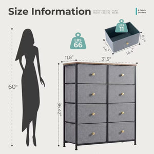 8-Drawer Fabric Dresser with Solid Wood Top, Tall Storage Chest for Bedroom, Living Room, Or Entryway, Ideal As a Tower Cabinet, Hallway Organize