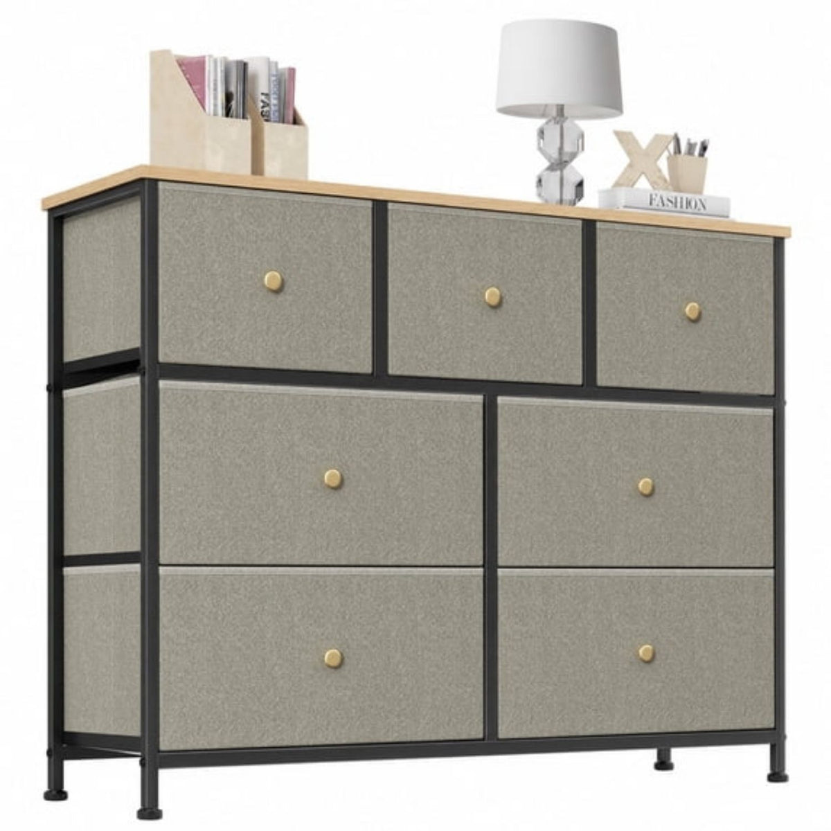 7-Drawer Fabric Dresser with Solid Wood Top, Tall Storage Chest for Bedroom, Living Room, Or Entryway, Ideal As a Tower Cabinet, Hallway Organize