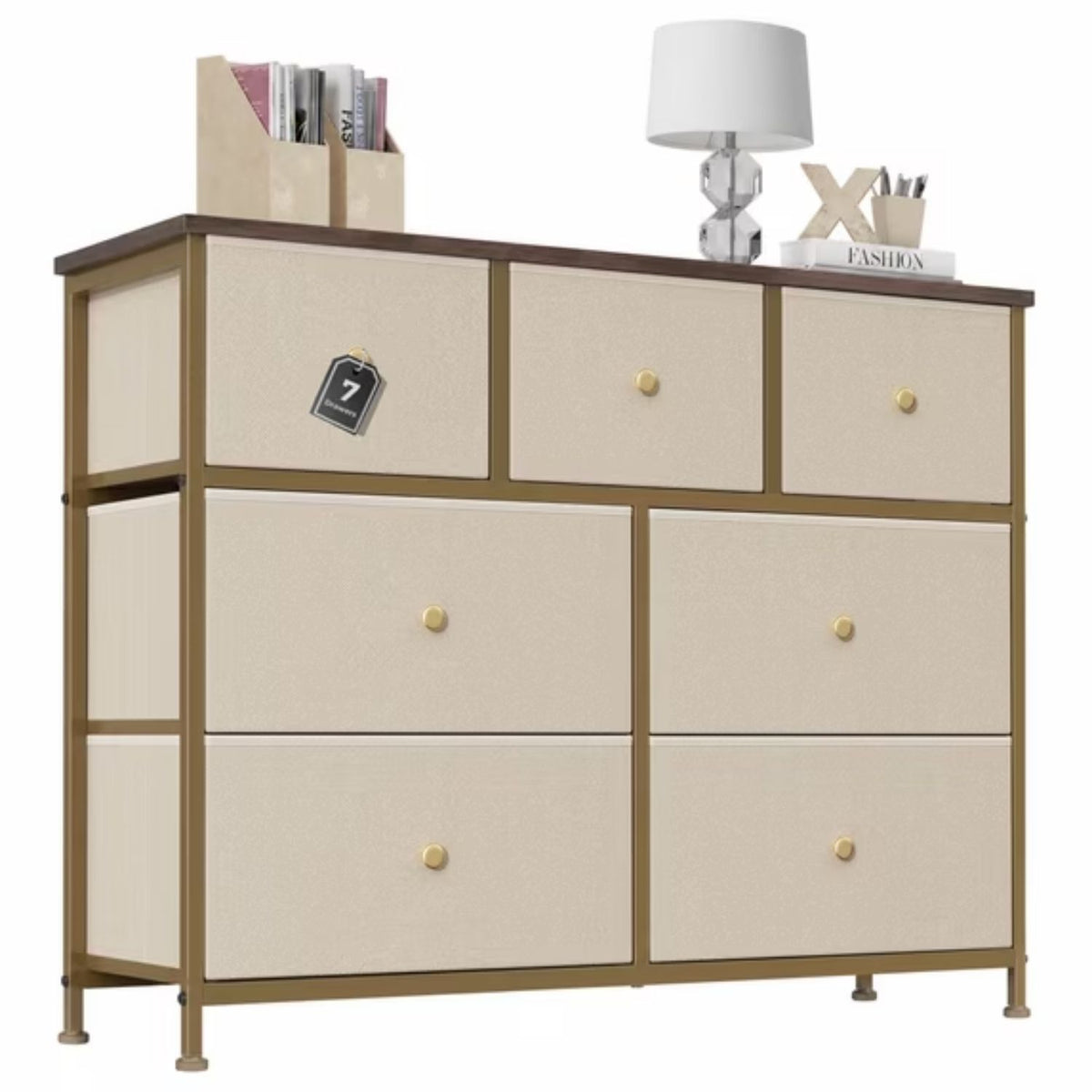 7-Drawer Fabric Dresser with Solid Wood Top, Tall Storage Chest for Bedroom, Living Room, Or Entryway, Ideal As a Tower Cabinet, Hallway Organize