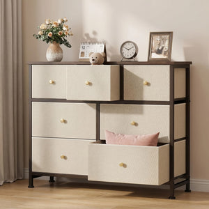 7-Drawer Fabric Dresser with Solid Wood Top, Tall Storage Chest for Bedroom, Living Room, Or Entryway, Ideal As a Tower Cabinet, Hallway Organize
