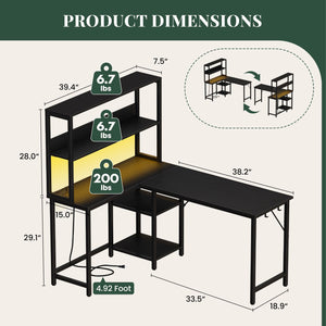 43/53 Inch L-Shaped Desk with Storage Shelves & Hooks - Reversible Computer Table Suitable for Office, Gaming Setup, Workstation with Spacious, A
