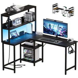 43/53 Inch L-Shaped Desk with Storage Shelves & Hooks - Reversible Computer Table Suitable for Office, Gaming Setup, Workstation with Spacious, A
