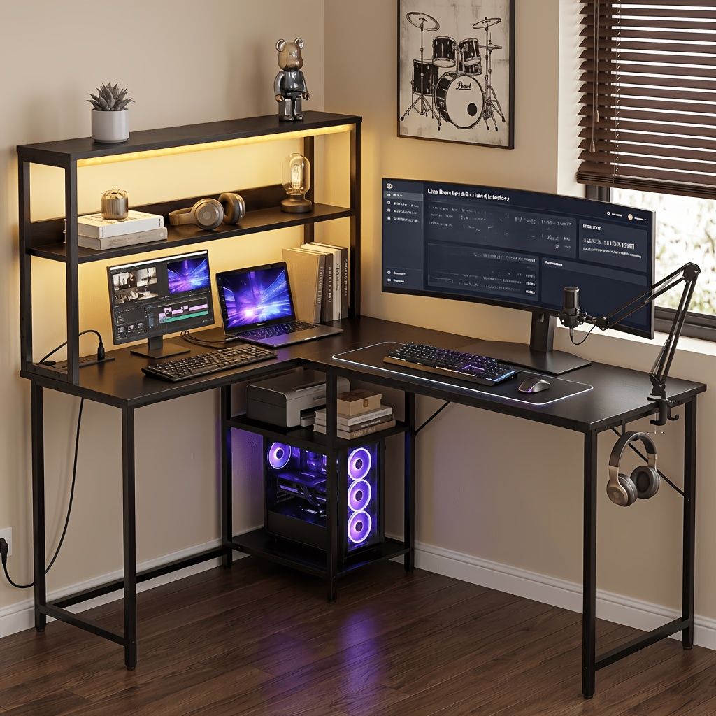 43/53 Inch L-Shaped Desk with Storage Shelves & Hooks - Reversible Computer Table Suitable for Office, Gaming Setup, Workstation with Spacious, A