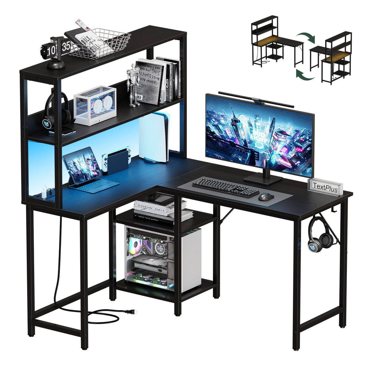 43/53 Inch L-Shaped Desk with Storage Shelves & Hooks - Reversible Computer Table Suitable for Office, Gaming Setup, Workstation with Spacious, A