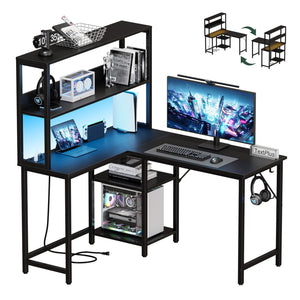 43/53 Inch L-Shaped Desk with Storage Shelves & Hooks - Reversible Computer Table Suitable for Office, Gaming Setup, Workstation with Spacious, A