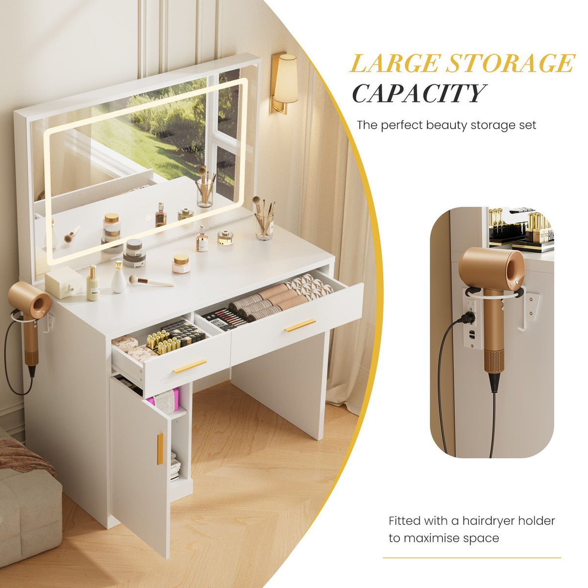 Mirror and Lights, Makeup Vanity Table with Charging Station, 2 Drawers & Large Cabinet, 3 Lighting Color Adjustable, Dressing Table