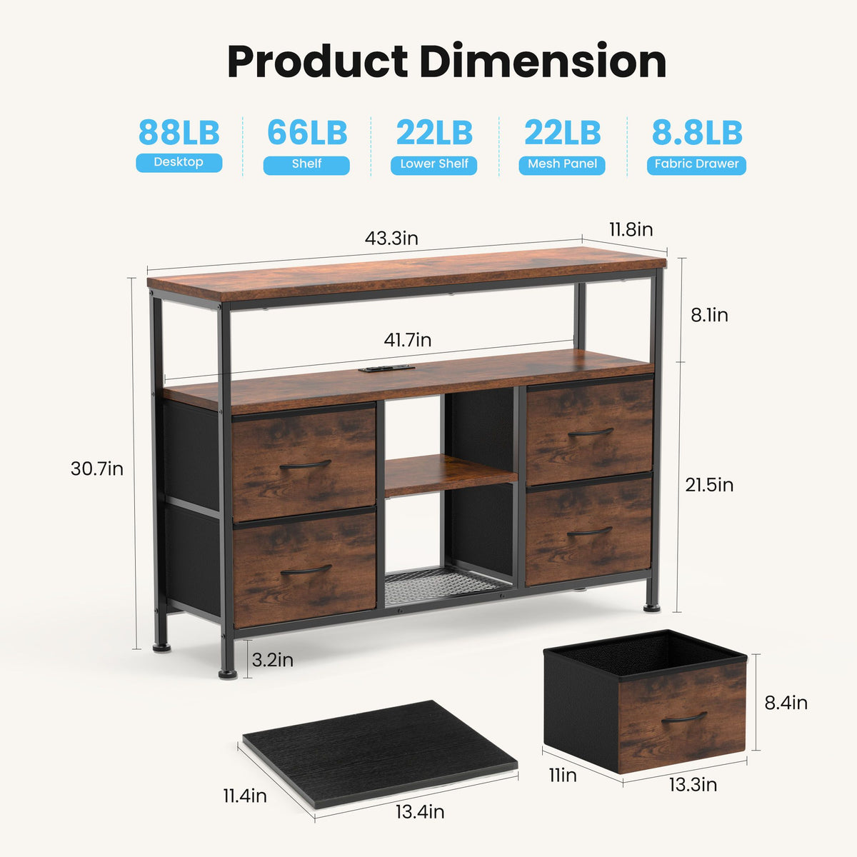 TV stand, 4 drawers, with LED lights and power sockets, 50-inch TV living room furniture, with open shelves and adjustable feet
