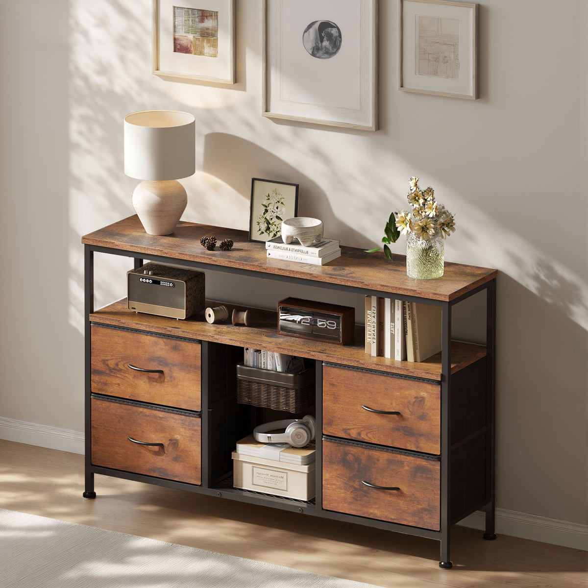 TV stand, 4 drawers, with LED lights and power sockets, 50-inch TV living room furniture, with open shelves and adjustable feet