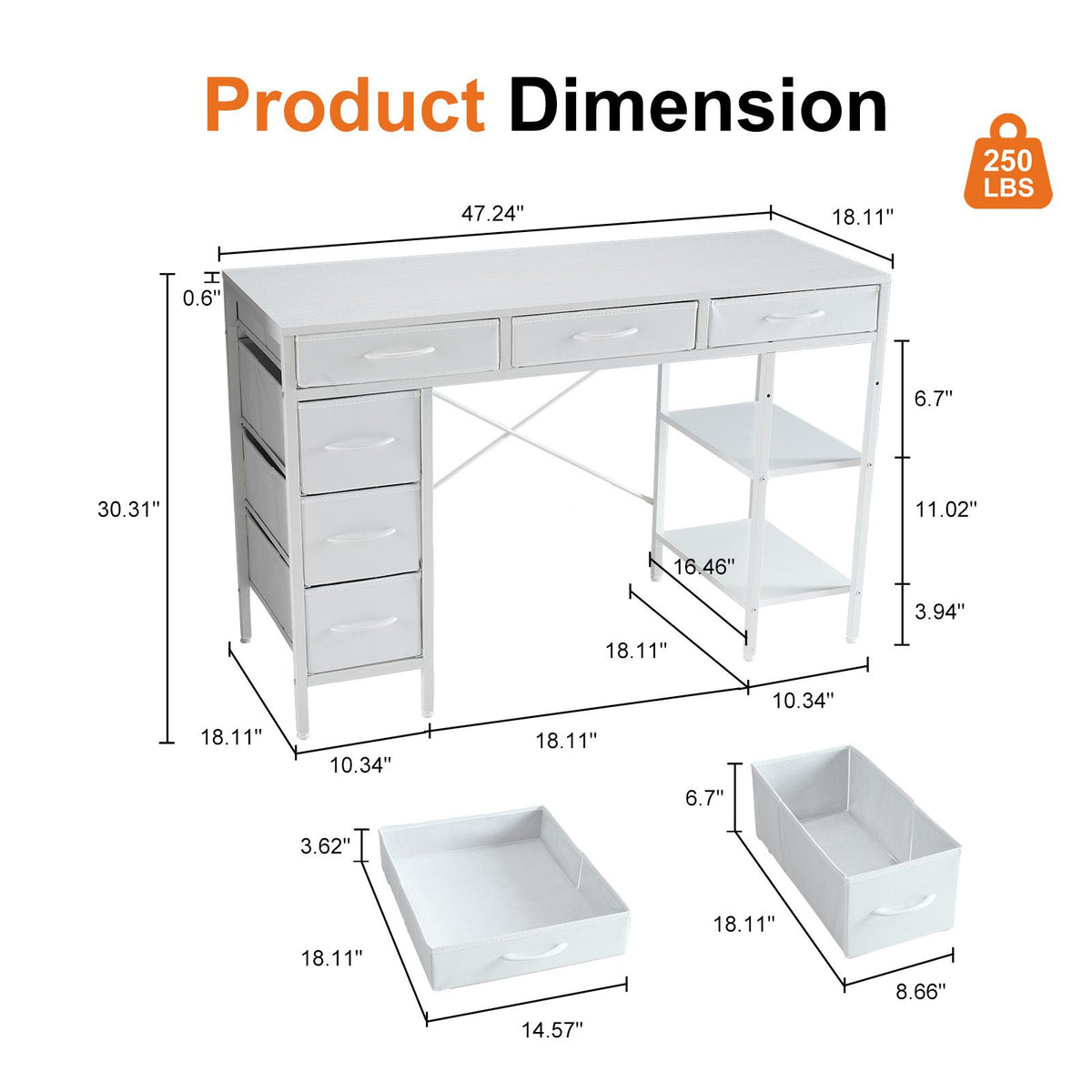 47-55 Inch Computer Desk with 6 Drawers Storage Shelves Home Office Gaming Desk for Bedroom Study Corner Living Room Work