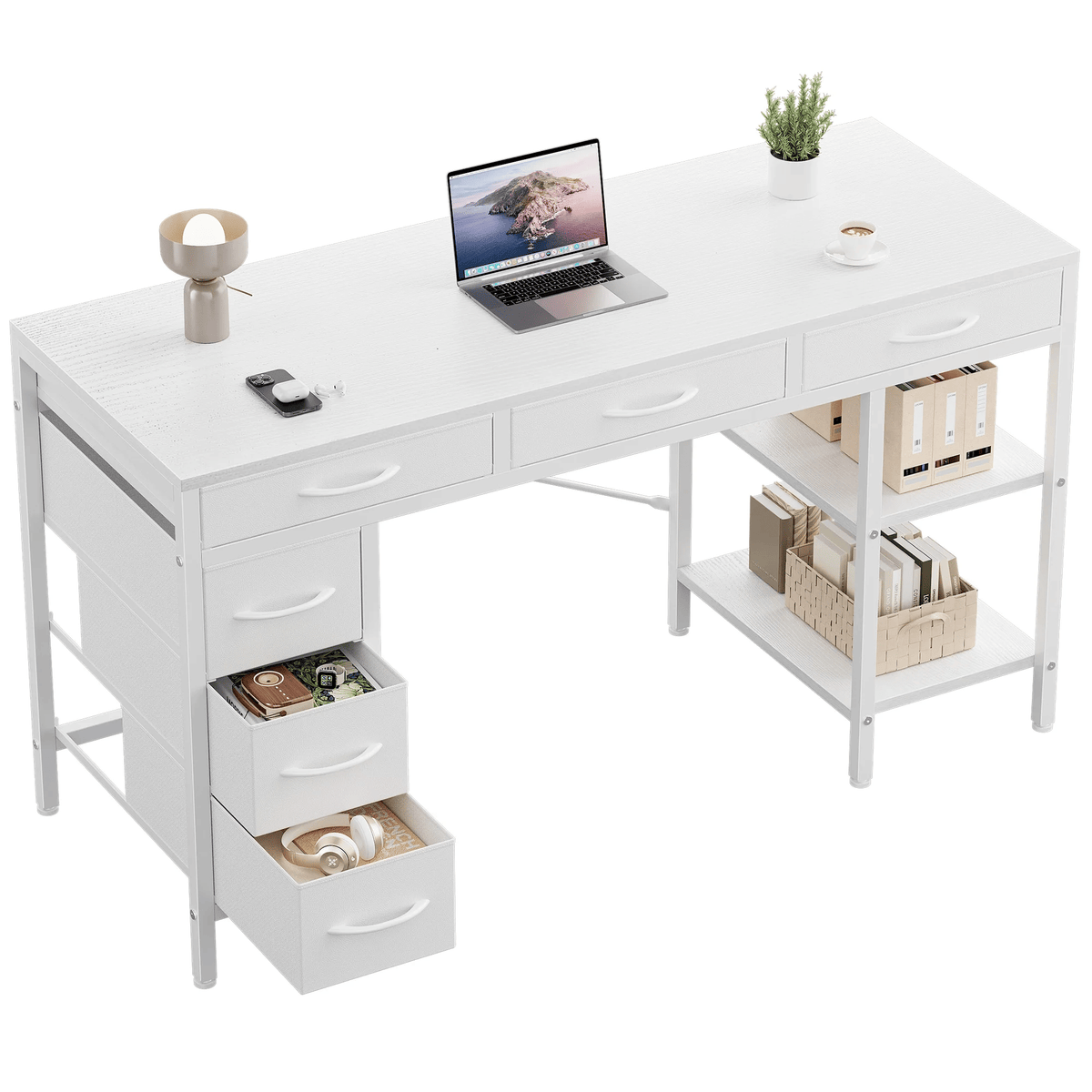 47-55 Inch Computer Desk with 6 Drawers Storage Shelves Home Office Gaming Desk for Bedroom Study Corner Living Room Work