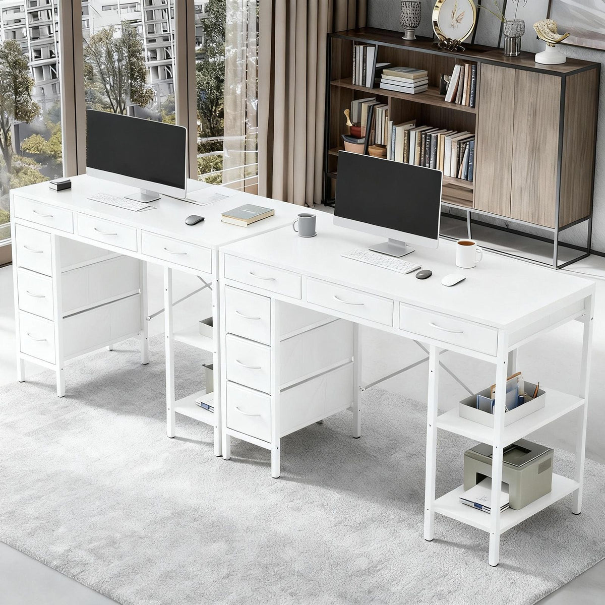 47-55 Inch Computer Desk with 6 Drawers Storage Shelves Home Office Gaming Desk for Bedroom Study Corner Living Room Work