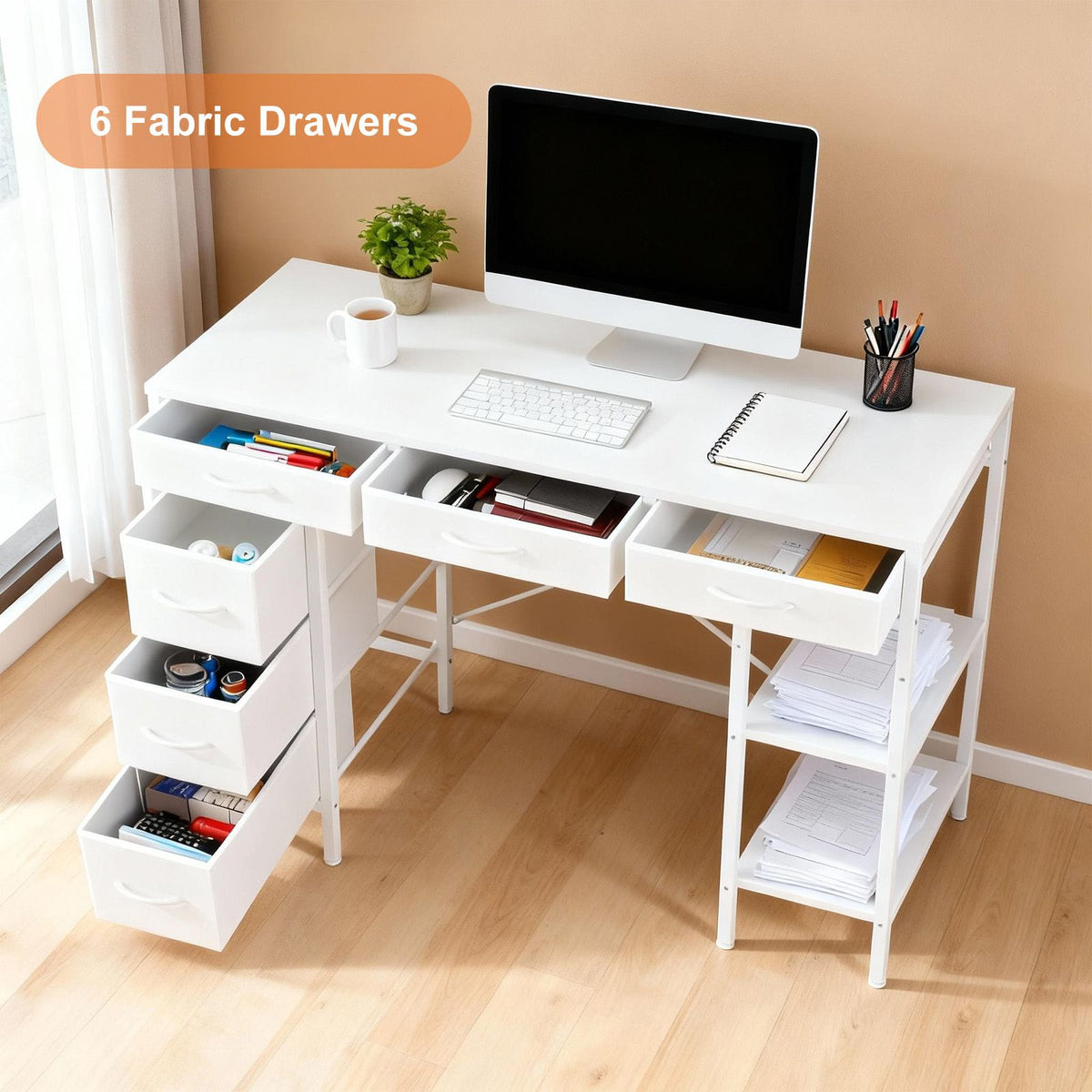 47-55 Inch Computer Desk with 6 Drawers Storage Shelves Home Office Gaming Desk for Bedroom Study Corner Living Room Work