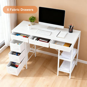 47-55 Inch Computer Desk with 6 Drawers Storage Shelves Home Office Gaming Desk for Bedroom Study Corner Living Room Work