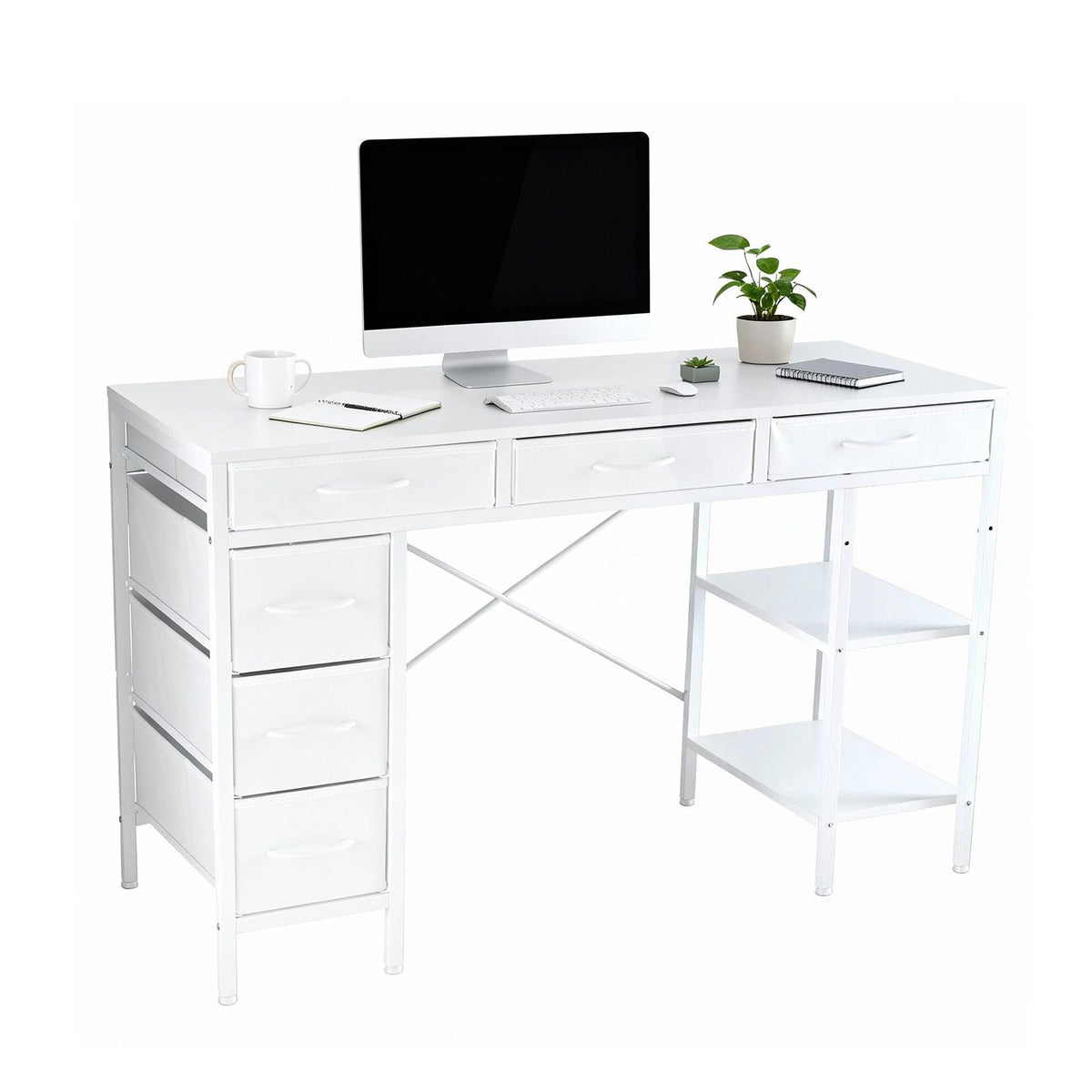 47-55 Inch Computer Desk with 6 Drawers Storage Shelves Home Office Gaming Desk for Bedroom Study Corner Living Room Work
