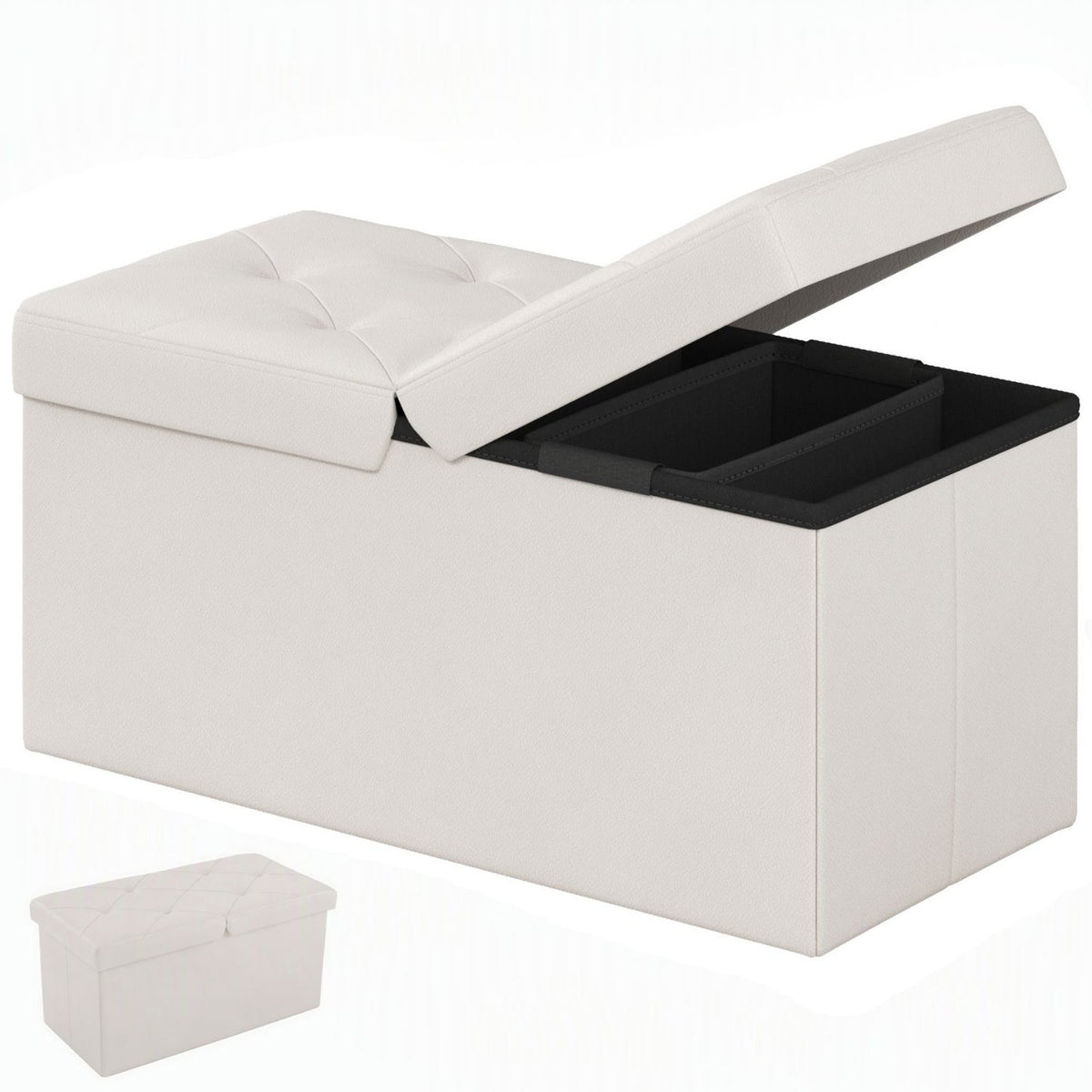 Folding Storage Ottoman, Compact Flip-Top Ottoman with Divider, Padded PVC Seat, Space-Saving Footrest Stool for Bedroom, Entryway, Living Room