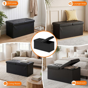 Folding Storage Ottoman, Compact Flip-Top Ottoman with Divider, Padded PVC Seat, Space-Saving Footrest Stool for Bedroom, Entryway, Living Room