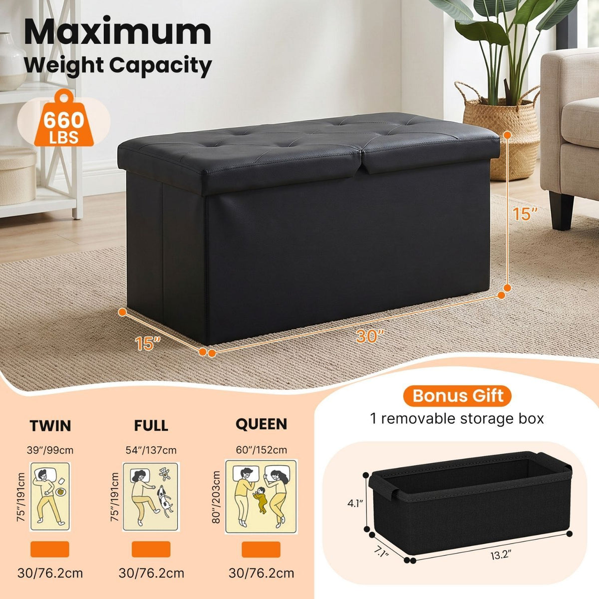 Folding Storage Ottoman, Compact Flip-Top Ottoman with Divider, Padded PVC Seat, Space-Saving Footrest Stool for Bedroom, Entryway, Living Room