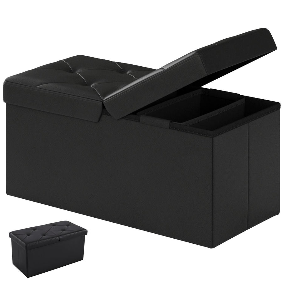 Folding Storage Ottoman, Compact Flip-Top Ottoman with Divider, Padded PVC Seat, Space-Saving Footrest Stool for Bedroom, Entryway, Living Room