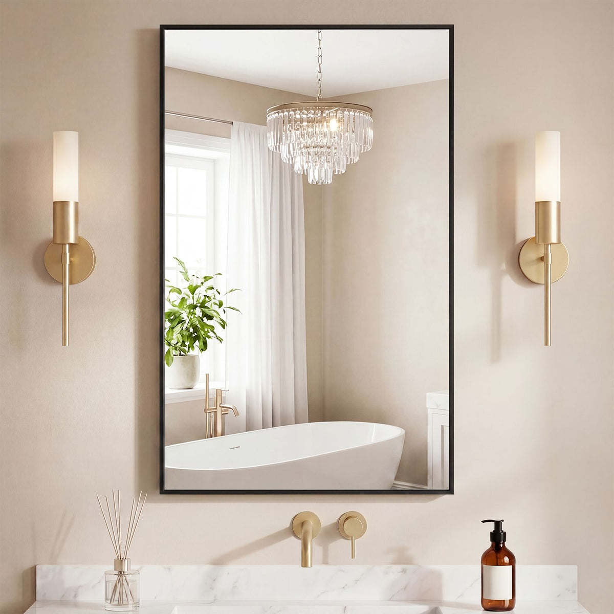 Bathroom mirror, with brushed aluminum frame, rectangular design, square corners at all four sides, suitable for wall decoration in home.