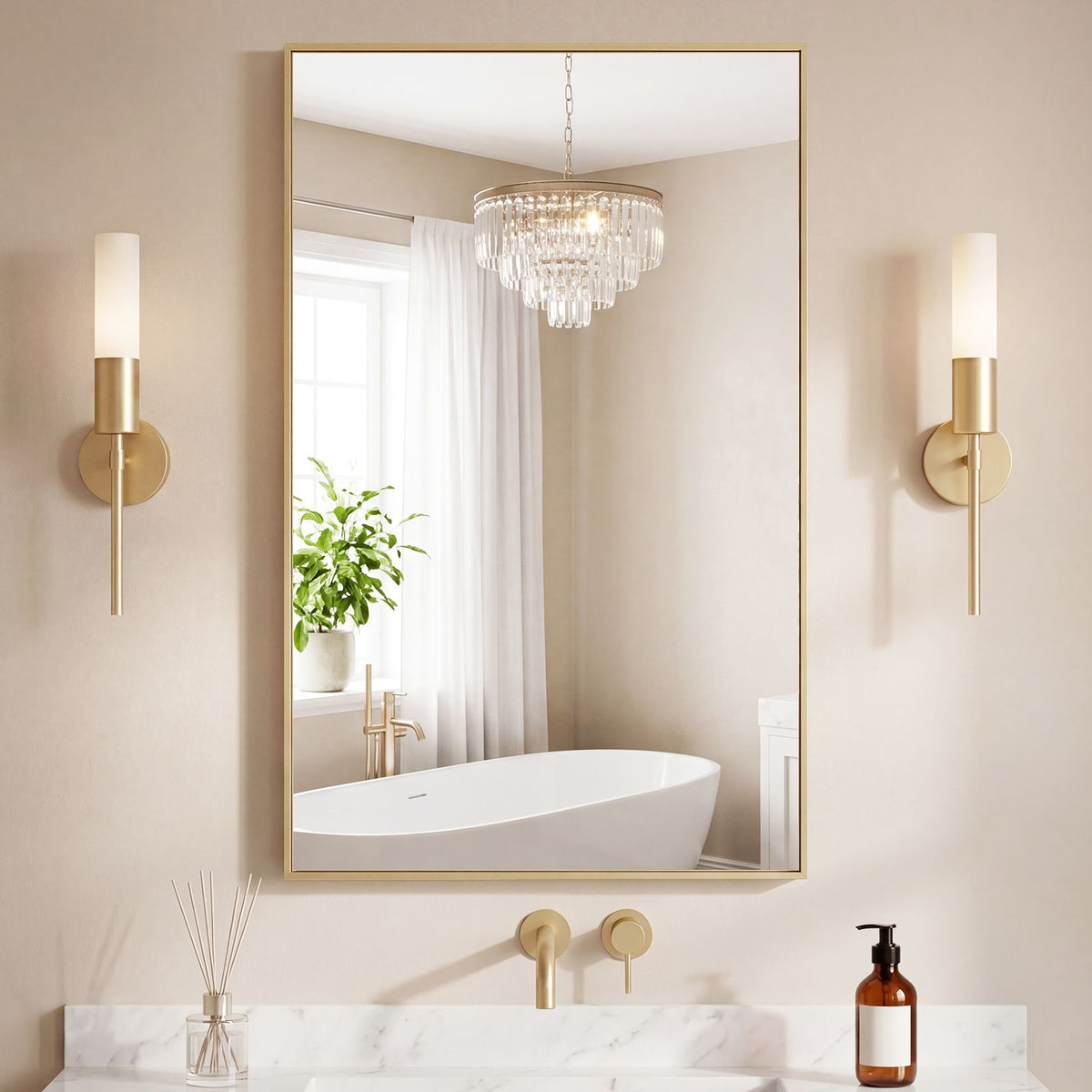 Bathroom mirror, with brushed aluminum frame, rectangular design, square corners at all four sides, suitable for wall decoration in home.