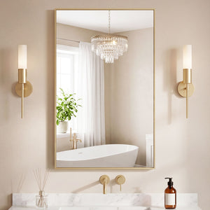 Bathroom mirror, with brushed aluminum frame, rectangular design, square corners at all four sides, suitable for wall decoration in home.