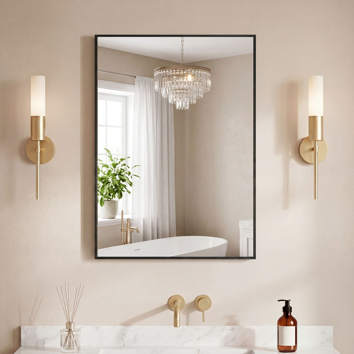 Bathroom mirror, with brushed aluminum frame, rectangular design, square corners at all four sides, suitable for wall decoration in home.