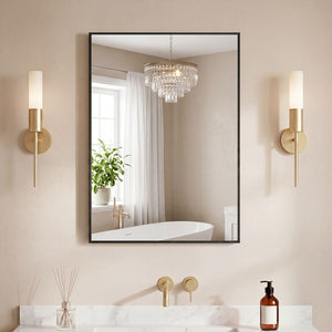Bathroom mirror, with brushed aluminum frame, rectangular design, square corners at all four sides, suitable for wall decoration in home.