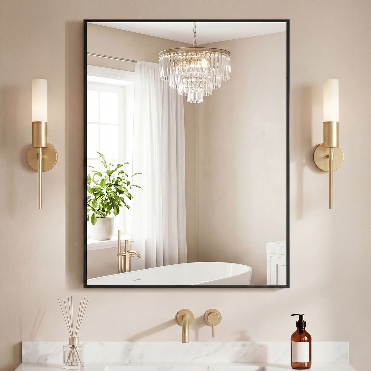Bathroom mirror, with brushed aluminum frame, rectangular design, square corners at all four sides, suitable for wall decoration in home.