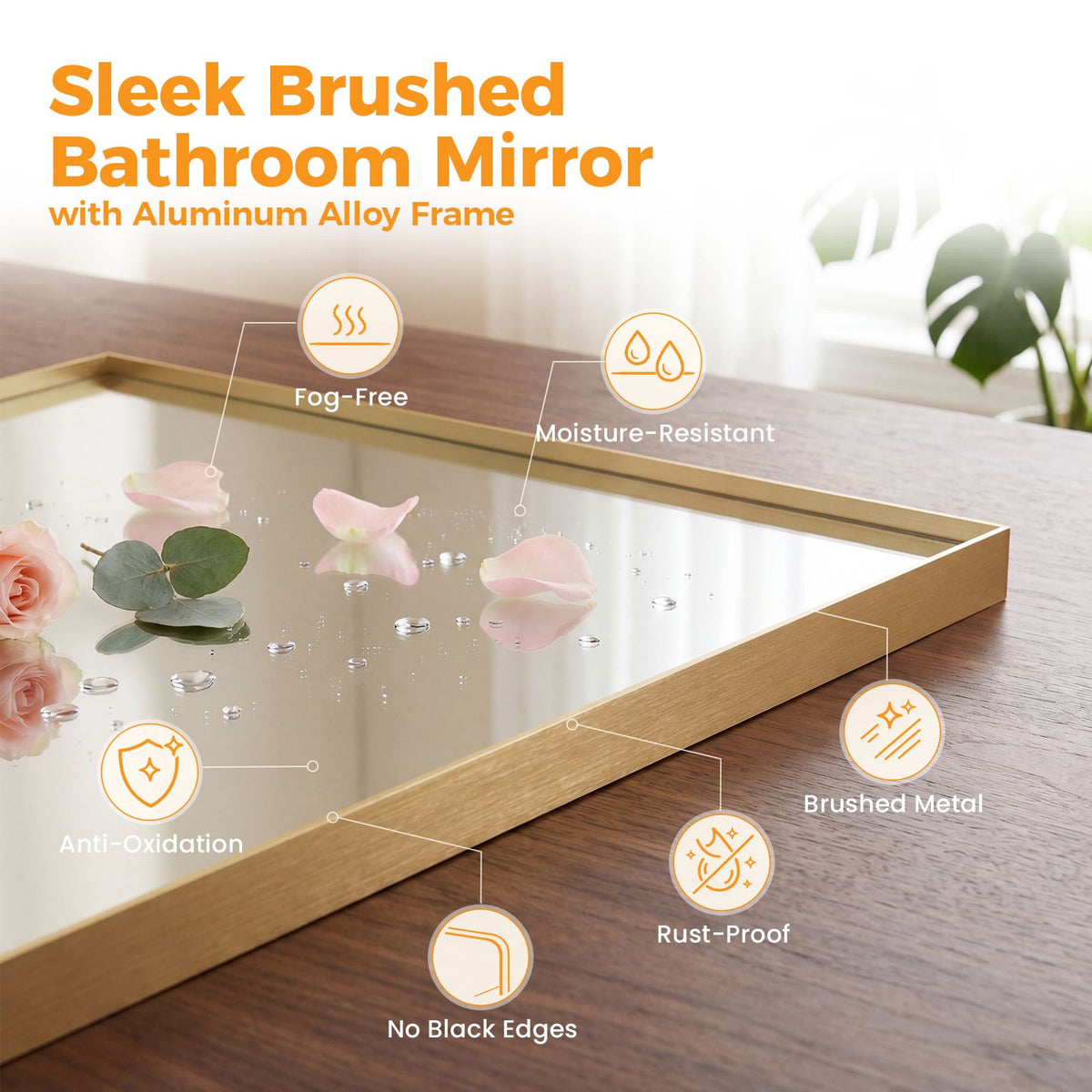 Bathroom mirror, with brushed aluminum frame, rectangular design, square corners at all four sides, suitable for wall decoration in home.