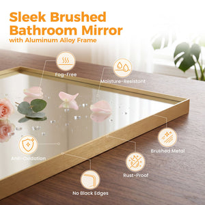 Bathroom mirror, with brushed aluminum frame, rectangular design, square corners at all four sides, suitable for wall decoration in home.