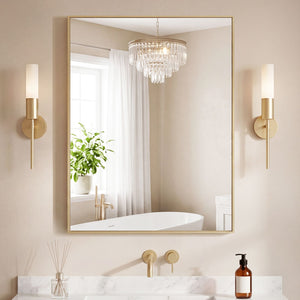 Bathroom mirror, with brushed aluminum frame, rectangular design, square corners at all four sides, suitable for wall decoration in home.