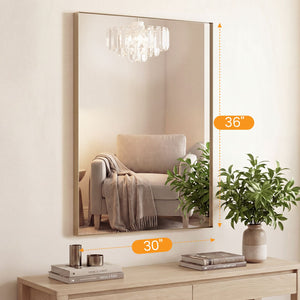Bathroom mirror, with brushed aluminum frame, rectangular design, square corners at all four sides, suitable for wall decoration in home.
