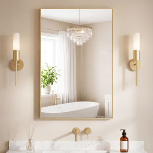Bathroom mirror, with brushed aluminum frame, rectangular design, square corners at all four sides, suitable for wall decoration in home.