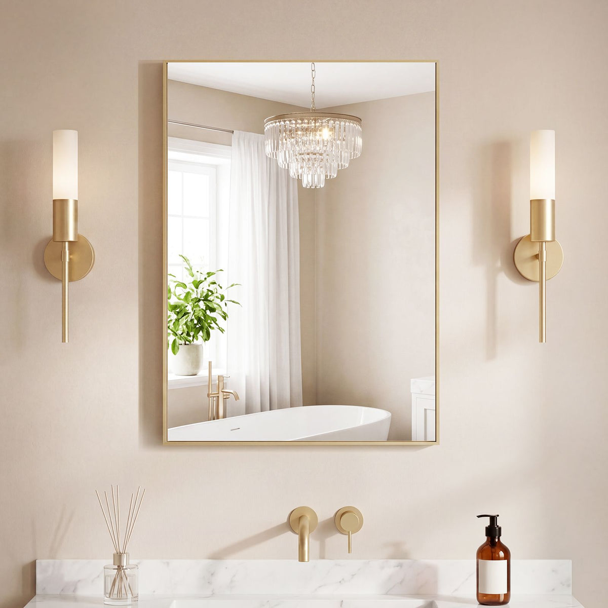 Bathroom mirror, with brushed aluminum frame, rectangular design, square corners at all four sides, suitable for wall decoration in home.