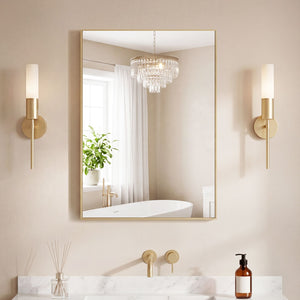 Bathroom mirror, with brushed aluminum frame, rectangular design, square corners at all four sides, suitable for wall decoration in home.