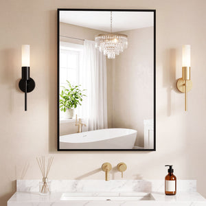 Bathroom mirror, with brushed aluminum frame, rectangular design, square corners at all four sides, suitable for wall decoration in home.