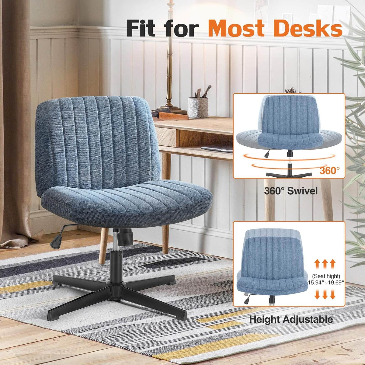 Cross Legged Office Living Room Rocking Gaming Chair Armless Wide Desk Adjustable Swivel Fabric Task Vanity Home Office