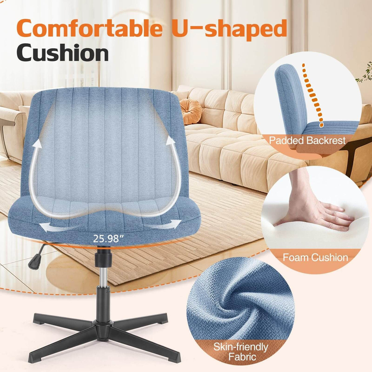 Cross Legged Office Living Room Rocking Gaming Chair Armless Wide Desk Adjustable Swivel Fabric Task Vanity Home Office