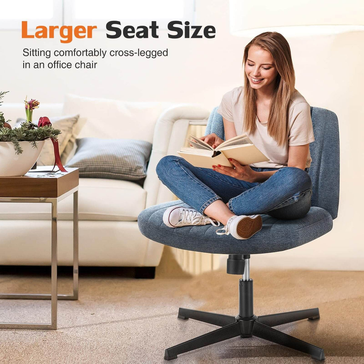 Cross Legged Office Living Room Rocking Gaming Chair Armless Wide Desk Adjustable Swivel Fabric Task Vanity Home Office