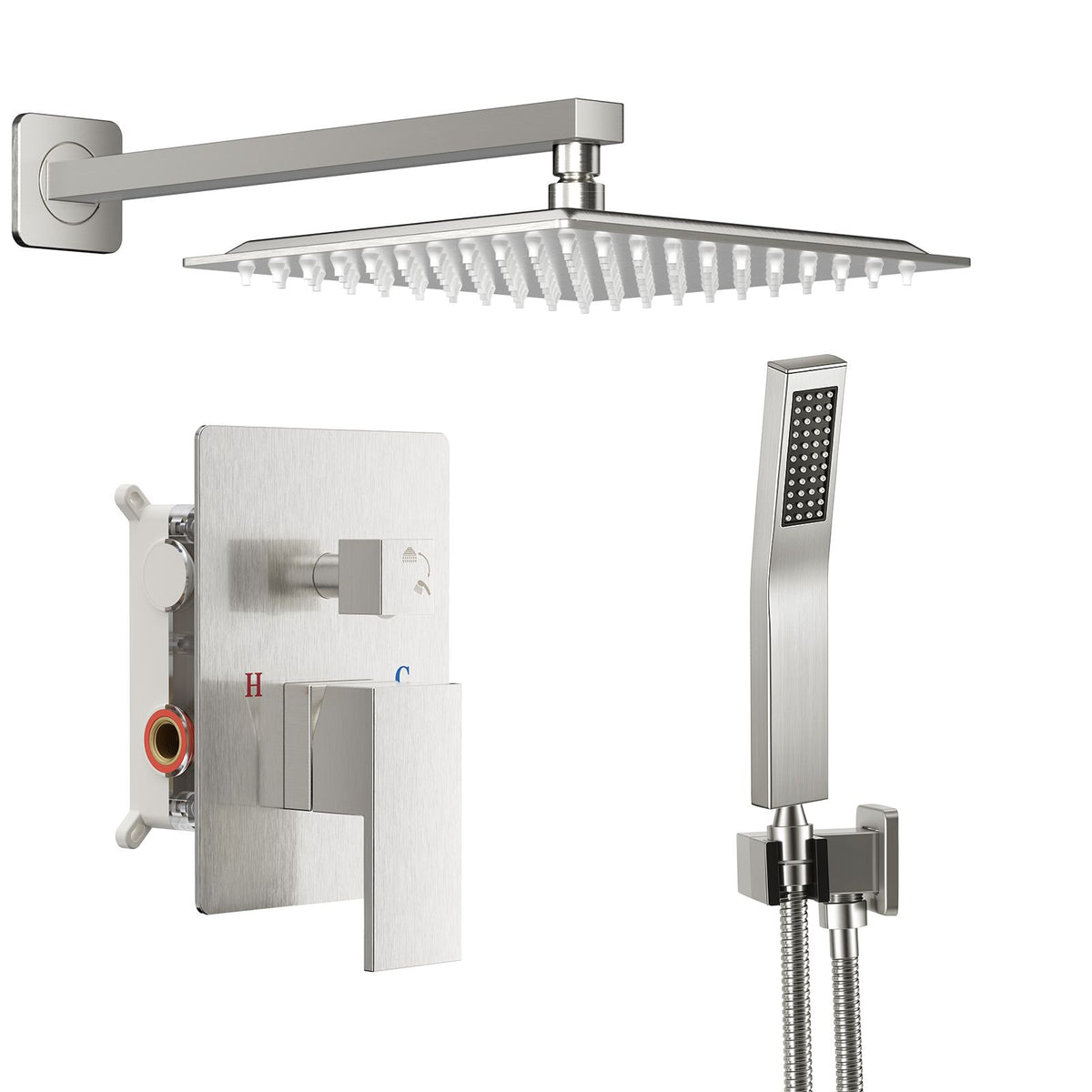 Wall-mounted shower faucet set - 10-12inch square overhead spray + handheld shower head with pressure balance and temperature control valve