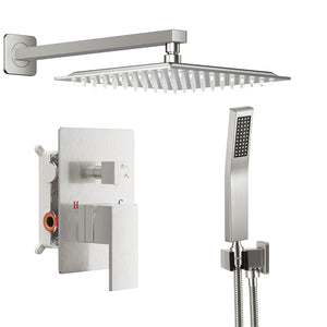 Wall-mounted shower faucet set - 10-12inch square overhead spray + handheld shower head with pressure balance and temperature control valve