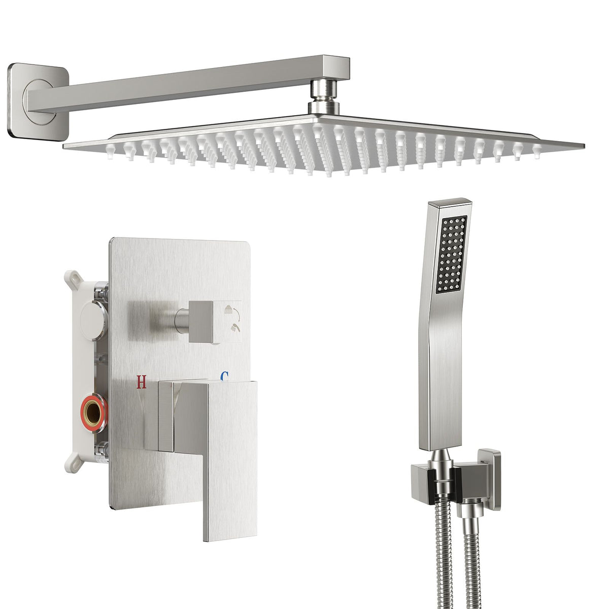 Wall-mounted shower faucet set - 10-12inch square overhead spray + handheld shower head with pressure balance and temperature control valve