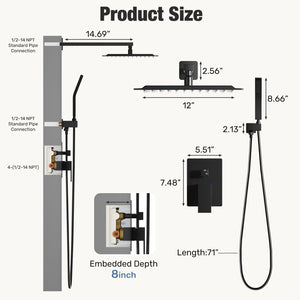Wall-mounted shower faucet set - 10-12inch square overhead spray + handheld shower head with pressure balance and temperature control valve