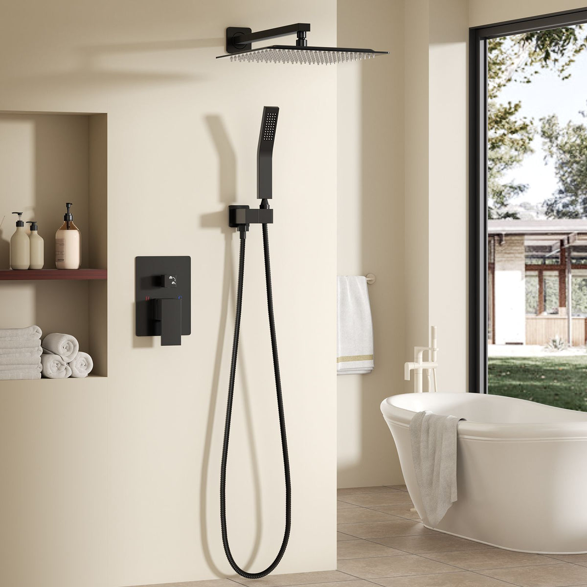 Wall-mounted shower faucet set - 10-12inch square overhead spray + handheld shower head with pressure balance and temperature control valve