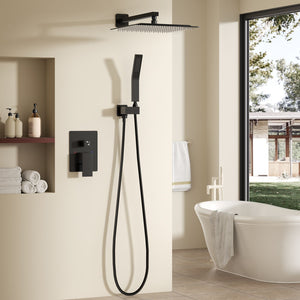 Wall-mounted shower faucet set - 10-12inch square overhead spray + handheld shower head with pressure balance and temperature control valve